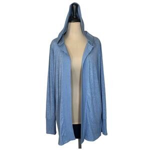 Athleta Womens Blue Hooded Wrap Cardigan Small Open Front Thumbholes Pockets